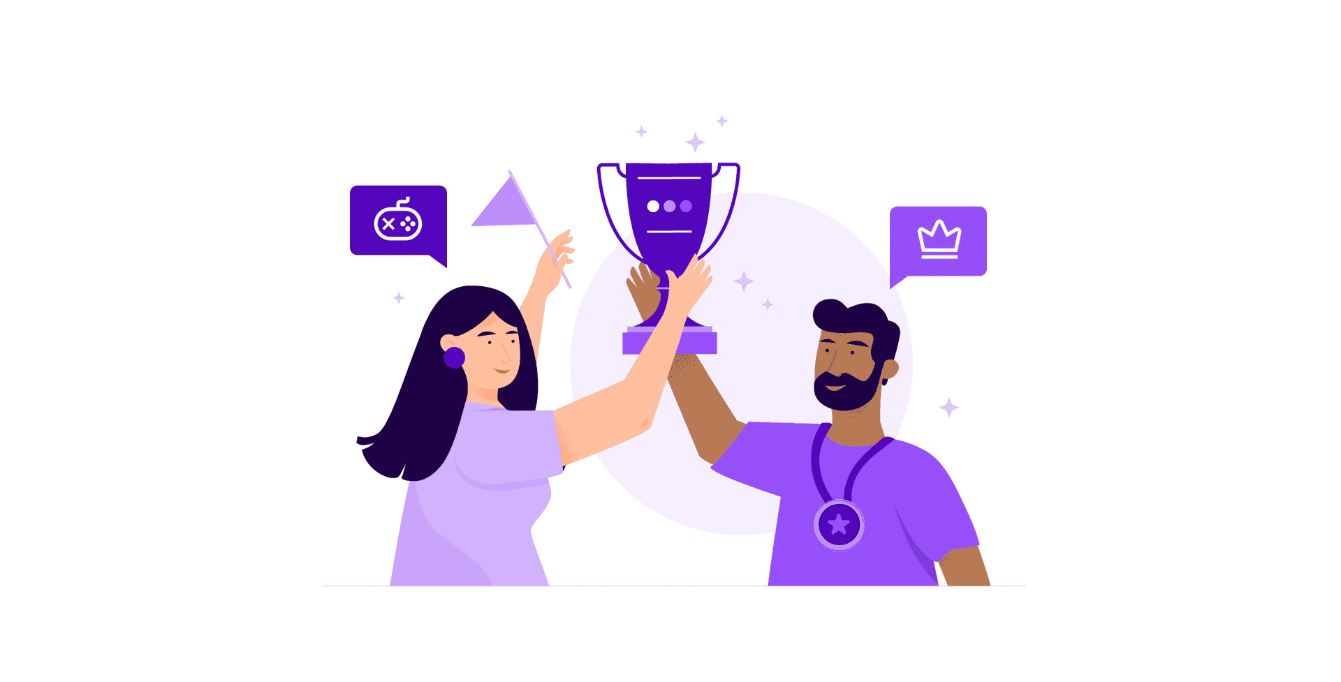 Woman and men agents hold a cup as winners of the contact center gamification award