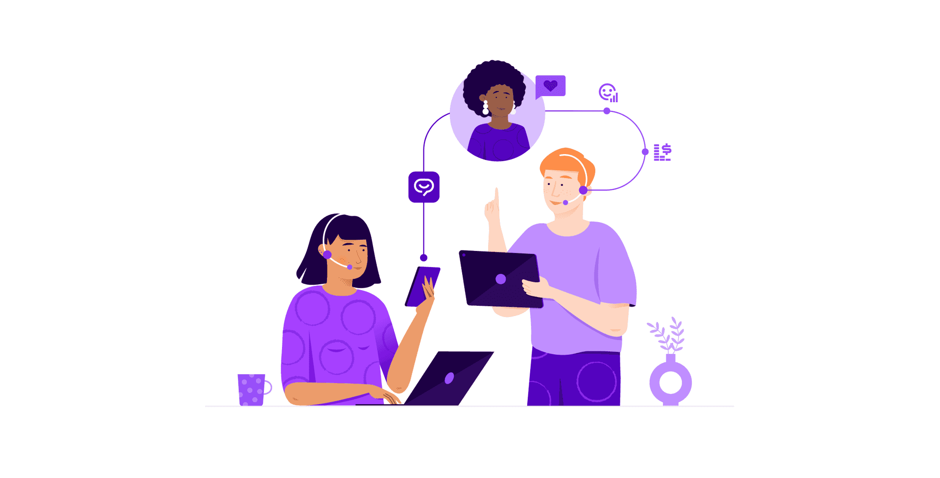 An illustration representing three people interacting through phone and digital channels.