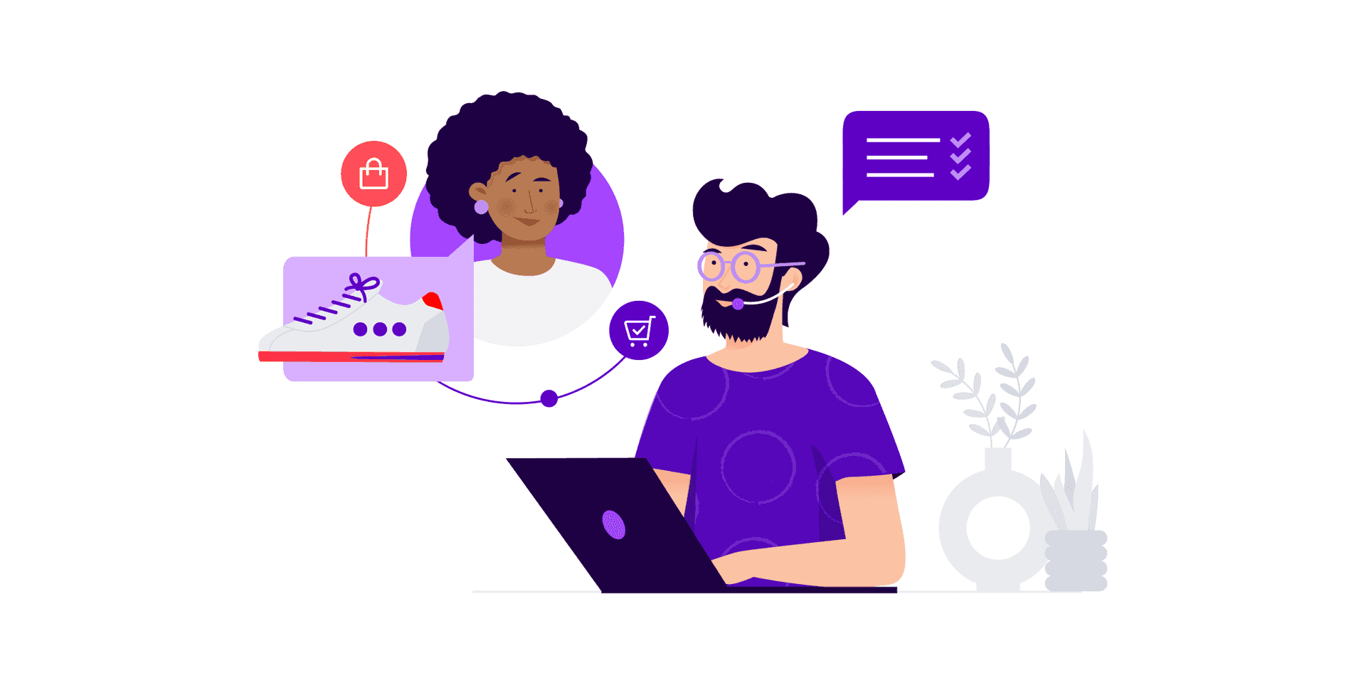 Contact center insights enable a man agent with a laptop to provide great customer service while talking to a woman customer that is shopping for tennis shoes