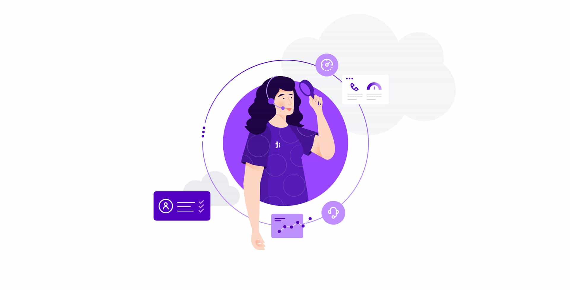 Woman with headsets and a magnifying glass looking at customer service software