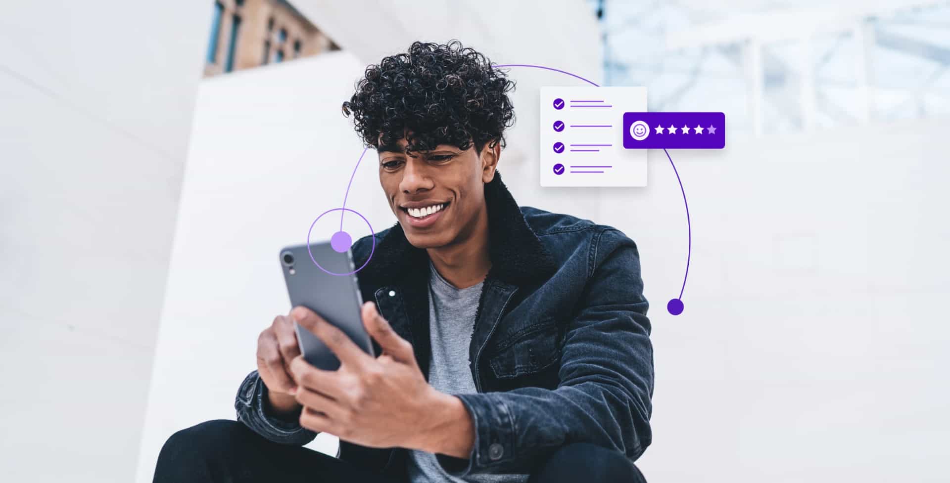 Man holding a mobile phone answering a CSAT survey