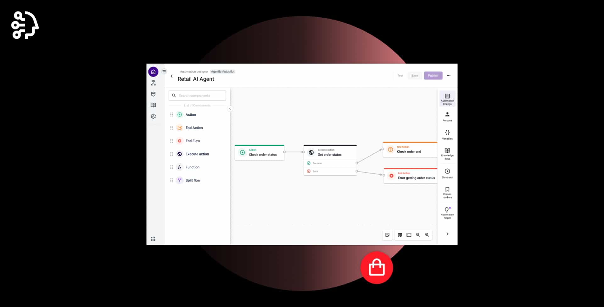 Automation Designer interface with a flowchart for a Retail AI Agent showing order status checks