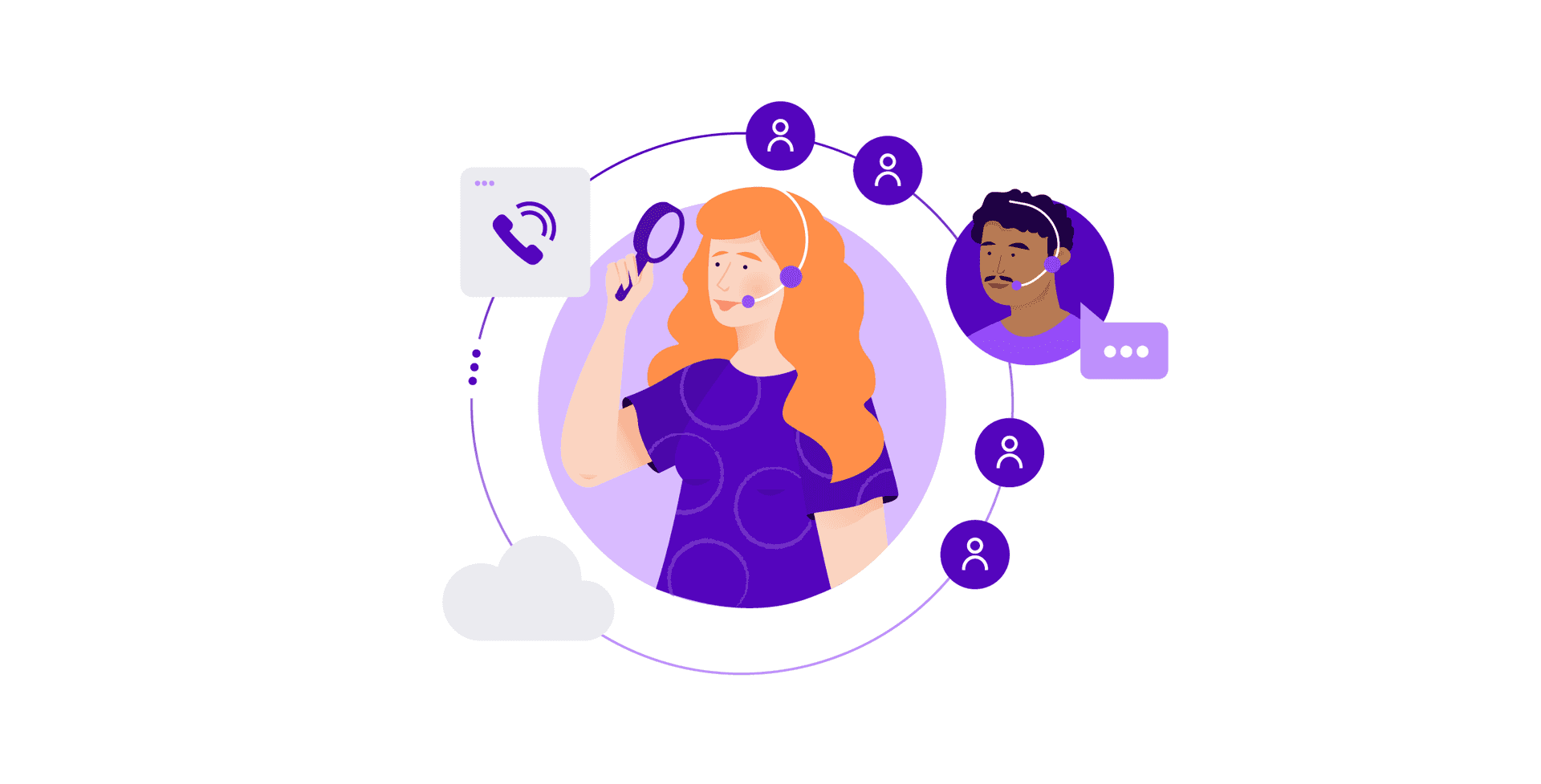 Woman agent inside a circle with several icons and a man agent looking through a magnifying glass at an acd phone