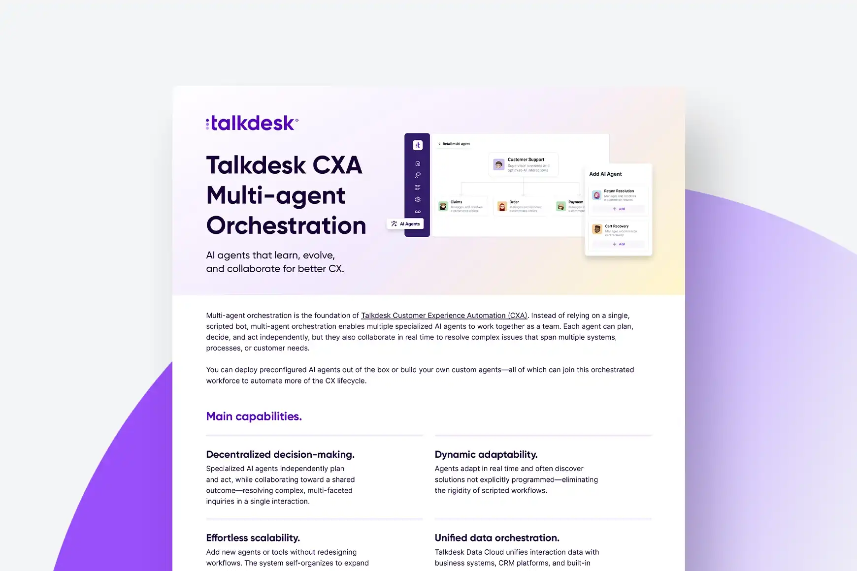 Orquestração de agentes múltiplos da Talkdesk CXA