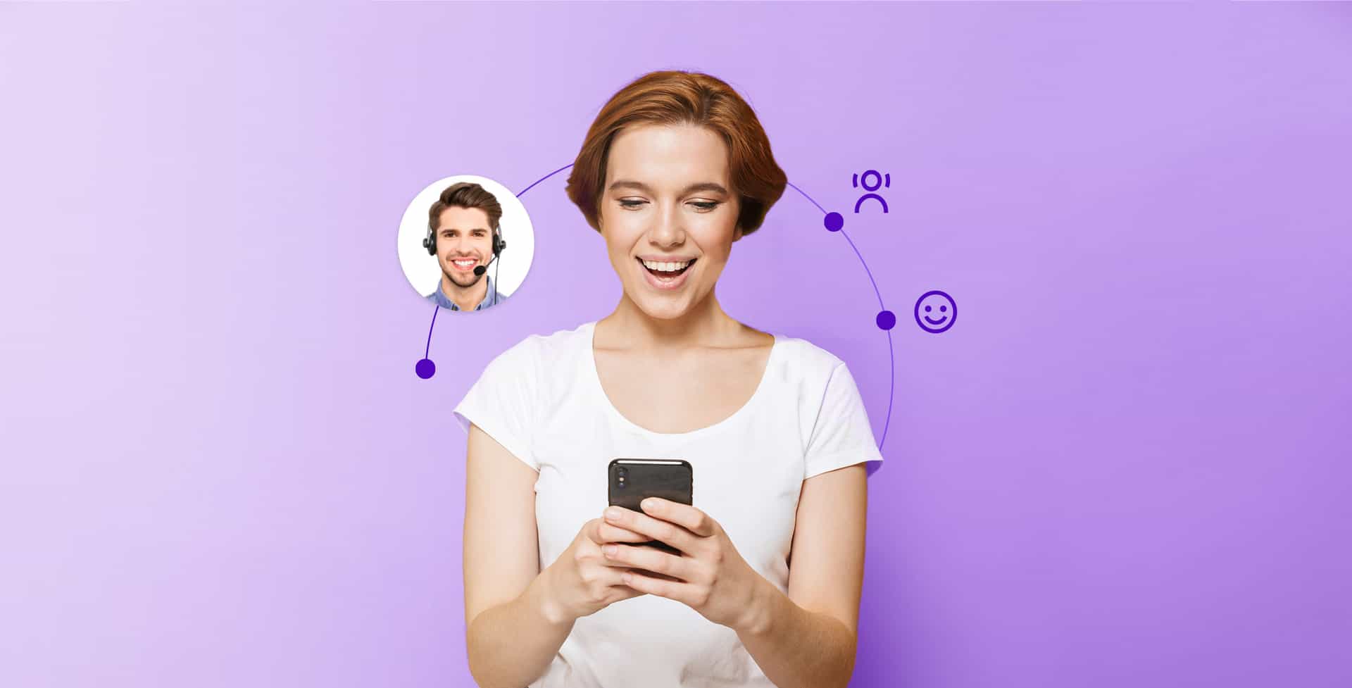 Can you please add the following alt text: Woman holding a phone talking to an agent, and pleased with the call center customer service she has received