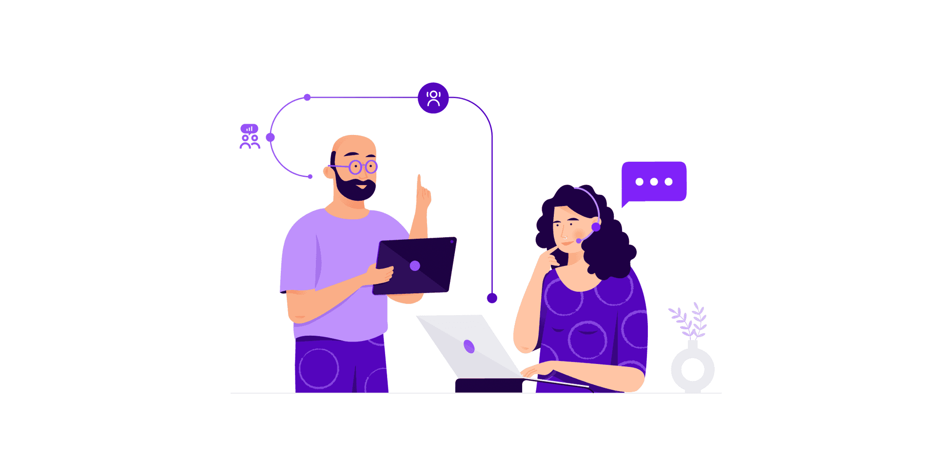 Call centre supervisor holding a tablet coaching call center agent woman looking at a computer